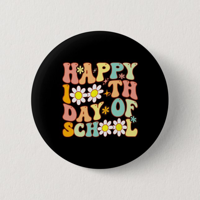 Teacher Kids Retro Groovy 100 Days Happy 100th Day Button (Front)