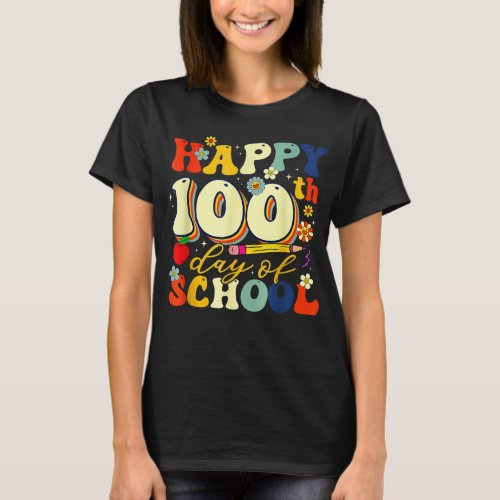 Teacher Kids Retro Groovy 100 Days Happy 100th Day T_Shirt