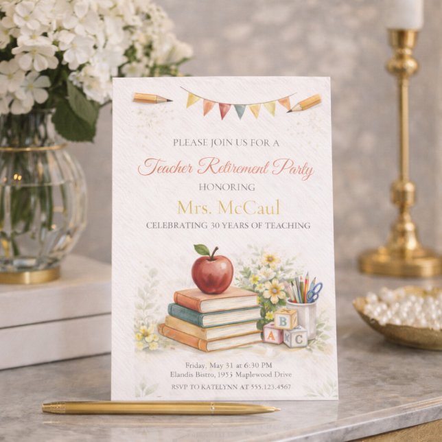Teacher Legacy Honor Invitation (Teacher retirement celebration with watercolor classroom details and apple book accents)