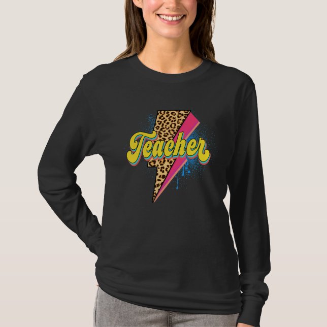 Teacher Leopard Print Lightning Bolt Pink 80's Vin T-Shirt (Front)