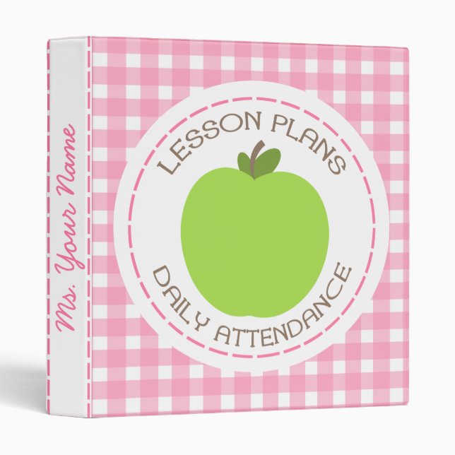 Teacher Lesson Plans & Attendance Green Apple Pink Binder (Front/Spine)