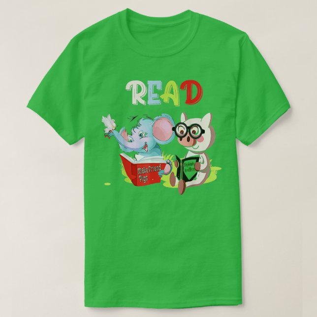 Teacher Library Read Book Club Piggie Elephant Pig T-Shirt (Design Front)