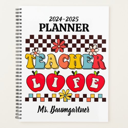 Teacher life apples retro groovy boho checkerboard planner
