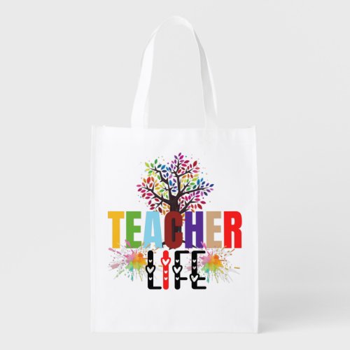 Teacher life rainbow apple tree  grocery bag