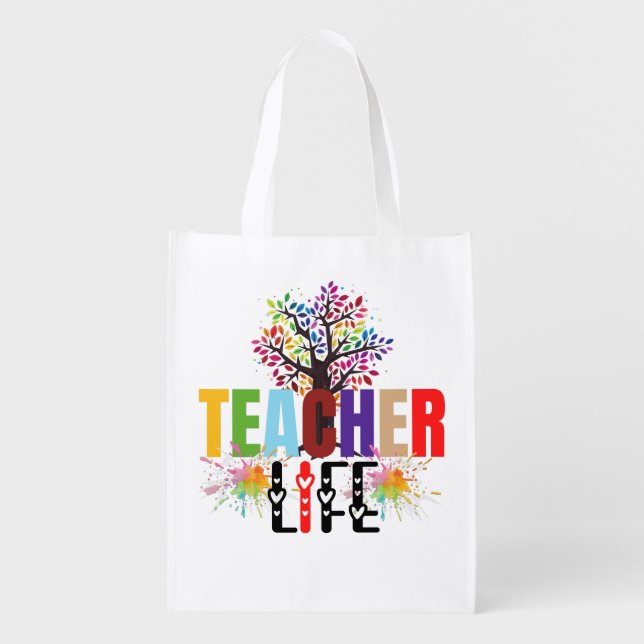 Teacher life rainbow apple tree  grocery bag (Front)