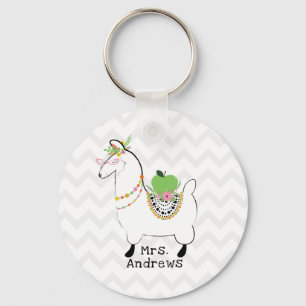 Teacher Llama Green Apple Floral Keychain