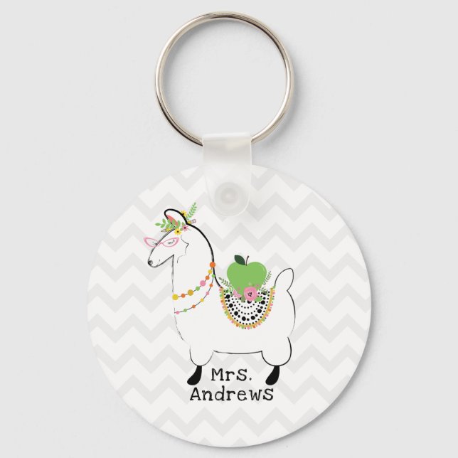 Teacher Llama Green Apple Floral Keychain (Front)
