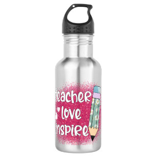 Teacher Love Inspire -Pink Glitter & Floral Pencil Stainless Steel Water Bottle