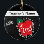 Teacher Makes 2nd Grade Rock | Chalkboard Ceramic Ornament<br><div class="desc">🥇AN ORIGINAL COPYRIGHT ART DESIGN by Donna Siegrist ONLY AVAILABLE ON ZAZZLE! 2nd Grade School Teacher Christmas Ornament. Unique Vintage Style 2nd grade school teacher design ready for you to personalize. Featured in a vintage school style with the saying "2nd Grade Rocks". Available designs - K thru 4th grade. ✔NOTE:...</div>