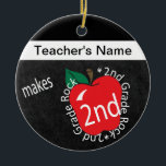 Teacher Makes 2nd Grade Rock | Chalkboard Ceramic Ornament<br><div class="desc">🥇AN ORIGINAL COPYRIGHT ART DESIGN by Donna Siegrist ONLY AVAILABLE ON ZAZZLE! 2nd Grade School Teacher Christmas Ornament. Unique Vintage Style 2nd grade school teacher design ready for you to personalize. Featured in a vintage school style with the saying "2nd Grade Rocks". Available designs - K thru 4th grade. ✔NOTE:...</div>
