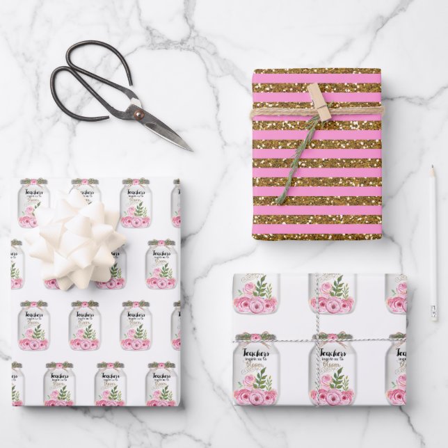 Teacher Mason Jar Flowers Wrapping Paper Sheets (Front)