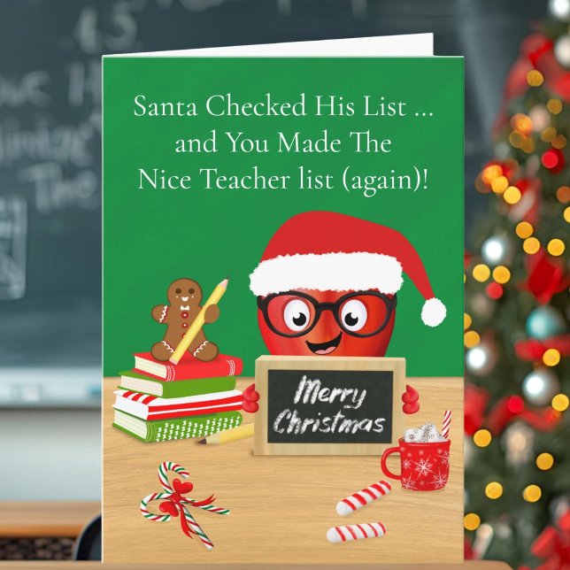 Teacher Merry Christmas Cute Apple on Desk Card (Creator Uploaded)