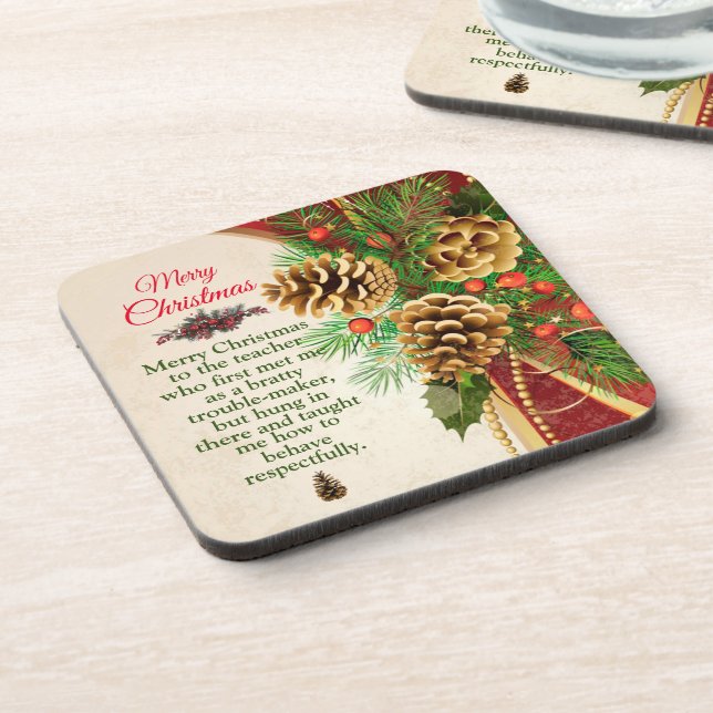 Teacher Message From Student Christmas Beverage Coaster (Left Side)