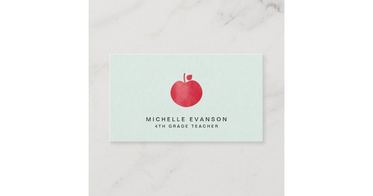 Teacher Mint Green Simple Red Apple Elegant Business Card | Zazzle