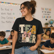 Teacher Mixed Pattern Bold Letters Pencil Pink Bow