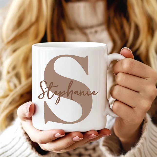 Teacher | Modern Brown Monogram Initial Graduation Coffee Mug (Brown Wedding Party Favors | Chic Script Name Mug for Coworker | Anniversary Gift for Girlfriend)