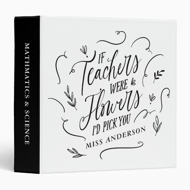 Teacher modern elegant script black white script 3 ring binder (Front/Spine)