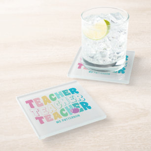Teacher Modern Rainbow Colors Personalized Name Glass Coaster