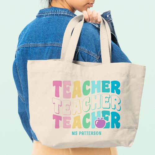 Teacher Modern Rainbow Colors Personalized Name Large Tote Bag
