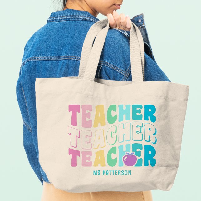Teacher Modern Rainbow Colors Personalized Name Large Tote Bag (Creator Uploaded)