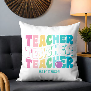 Teacher Modern Rainbow Colors Personalized Name Throw Pillow
