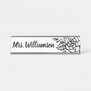 Teacher Monogram Black White Chic Flower Desk Name Plate