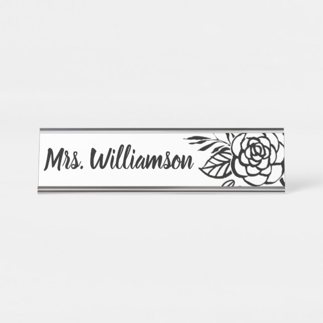 Teacher Monogram Black White Chic Flower Desk Name Plate (Front)