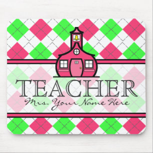 Teacher Mousepad - Hot Pink and Lime Green Argyle