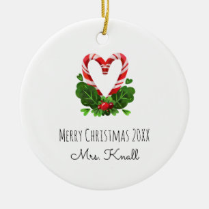 TEACHER Name Candy Cane Heart Merry Christmas Year Ceramic Ornament