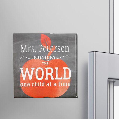 Teacher Name Chalkboard Red Apple and Quote Magnet