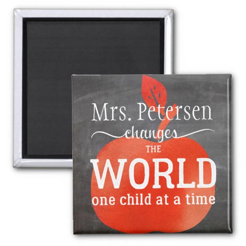 Teacher Name Chalkboard Red Apple and Quote Magnet