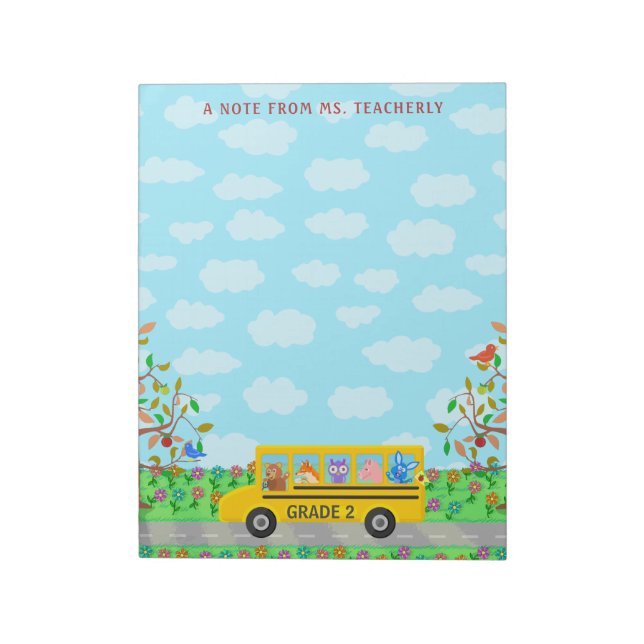 Teacher Name Classroom Cute Animals on School Bus Notepad (Rotated)