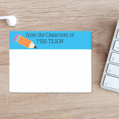 Teacher Name Classroom, Pencil, Blue Border Post-it Notes