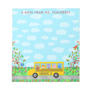 Teacher Name Cute Classroom Animals on School Bus Notepad