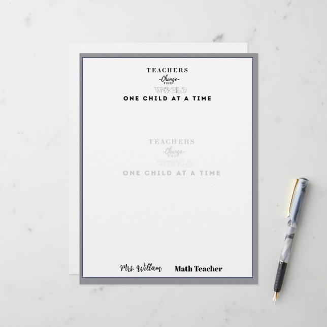 Teacher name elegant quote modern white frame letterhead (Front/Back In Situ)