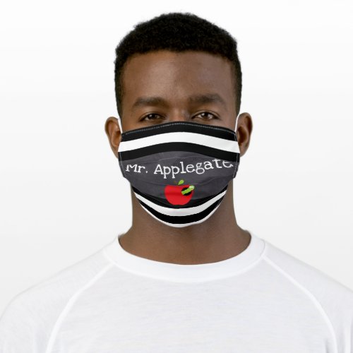Teacher Name on Blackboard with Apple and Stripes Adult Cloth Face Mask