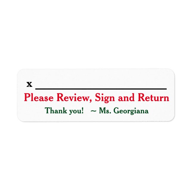 Teacher Name + "Please Review, Sign and Return" Label (Front)