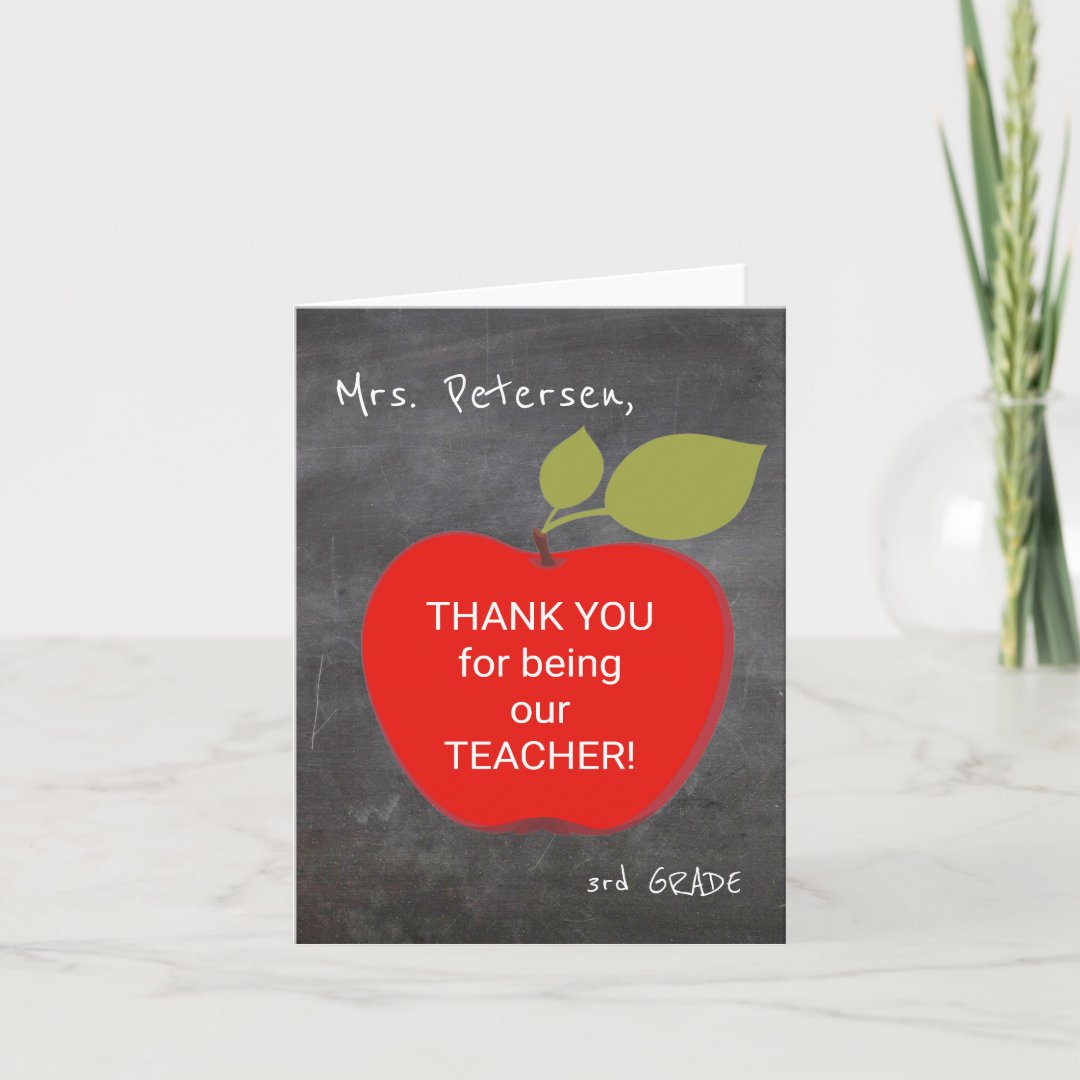 Teacher name | Red apple blackboard thank you Note Card | Zazzle