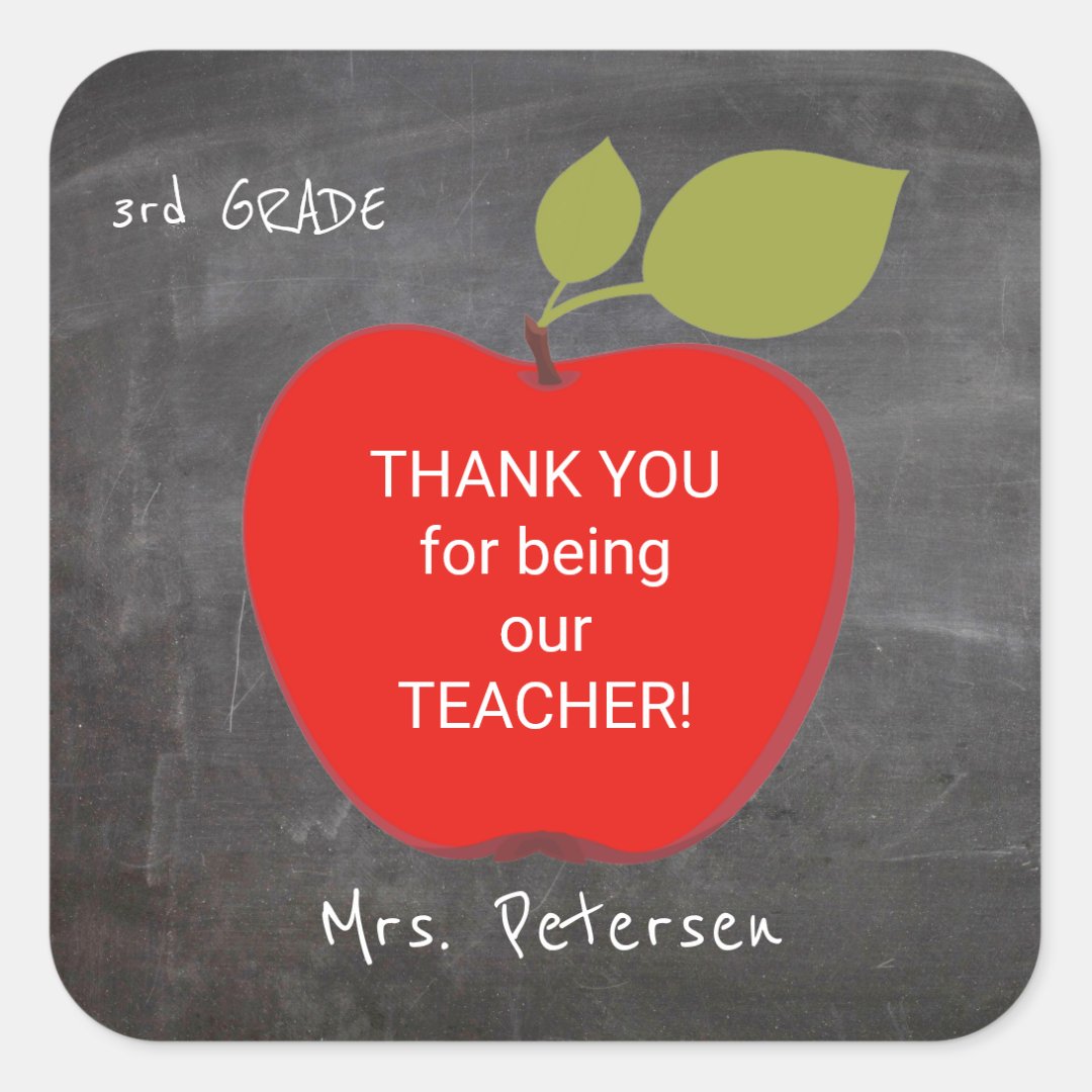 Teacher name | Red apple blackboard thank you Square Sticker | Zazzle