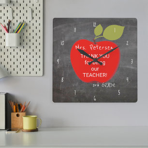 Teacher name Red apple blackboard thank you Square Wall Clock