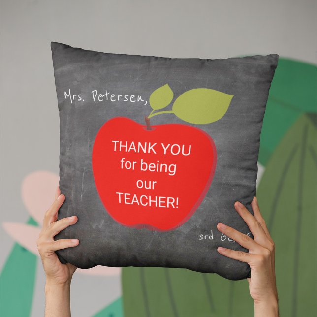 Teacher name | Red apple blackboard thank you Throw Pillow (Creator Uploaded)