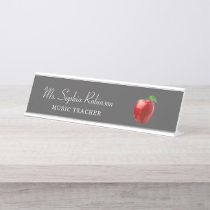 Teacher Name Red Apple White Script Modern Desk Name Plate
