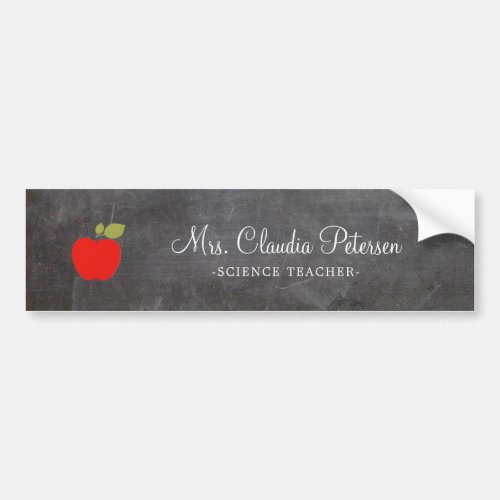 Teacher Name Red Apple White Script on Chalkboard Bumper Sticker