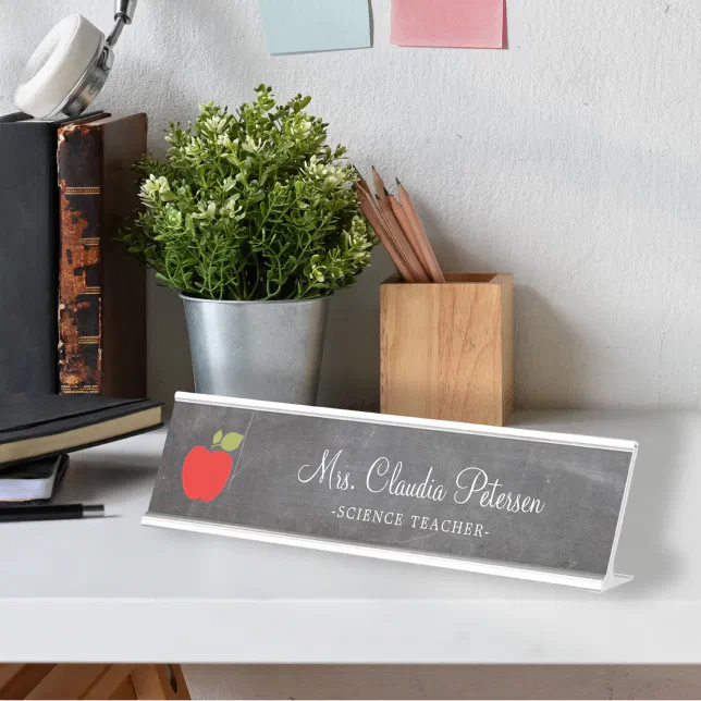 Teacher Name Red Apple White Script on Chalkboard Desk Name Plate | Zazzle