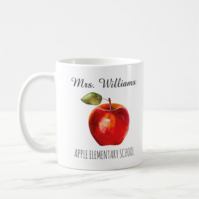 Teacher Name School Watercolor Red Apple  Coffee M Coffee Mug (Left)
