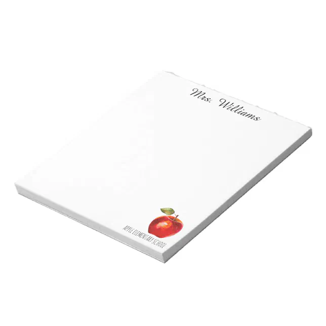 Teacher Name School Watercolor Red Apple Notepad | Zazzle