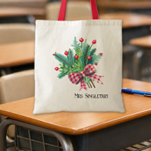 Teacher Name, Watercolor Red Berries Gingham Bow