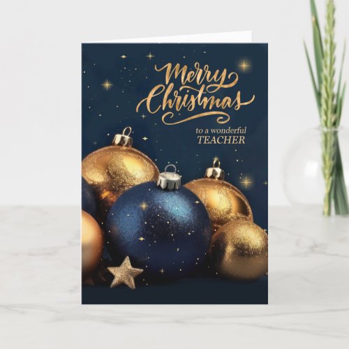 Teacher Navy Blue and Gold Ornaments Christmas Holiday Card