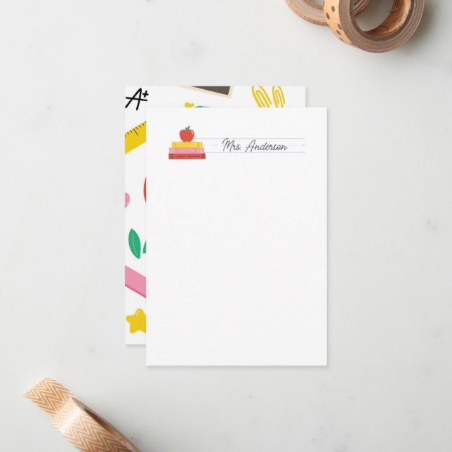 Teacher Note Cards Stationery Cute Apple and Books (Front/Back In Situ)