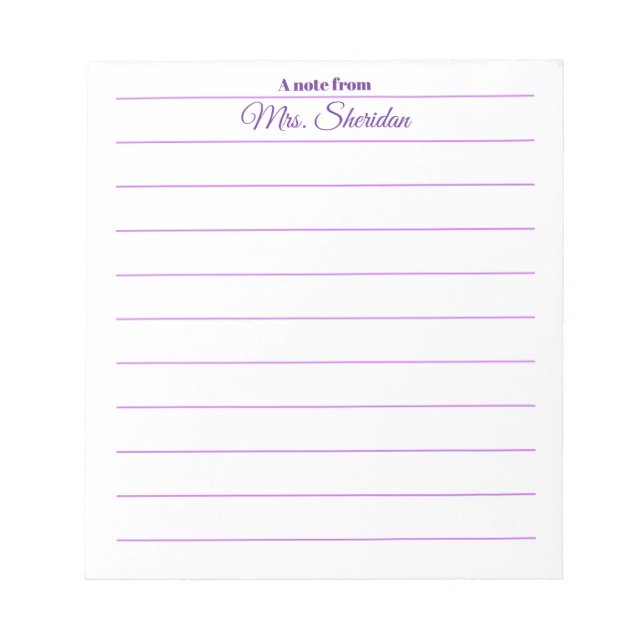 Teacher Notepads Purple Lined Paper A note from (Front)